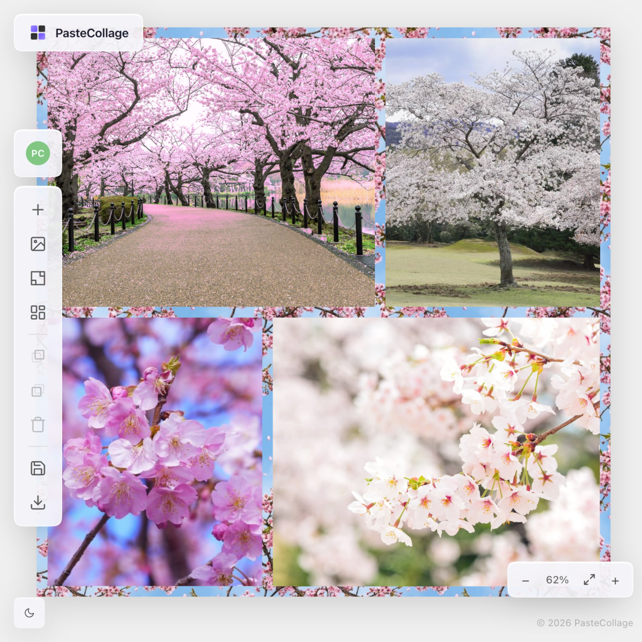 PasteCollage editor showing a cherry blossom photo collage